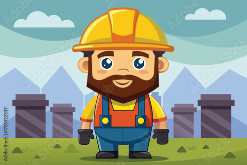 Vector art of cartoon construction worker with a hard hat and overalls standing in front of a construction site background