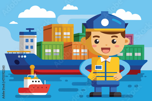 Illustration of a smiling harbor master standing in front of a cargo ship and tugboat on a blue background