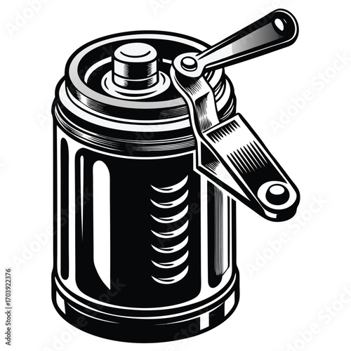 Detailed Black and White Illustration of a Hand Cranked Machine Part Depicting Industrial Design and Mechanical Engineering