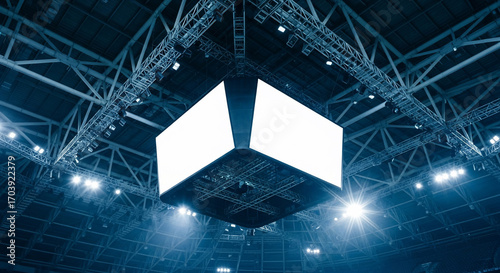 Blank display screen hanging from ceiling in indoor arena