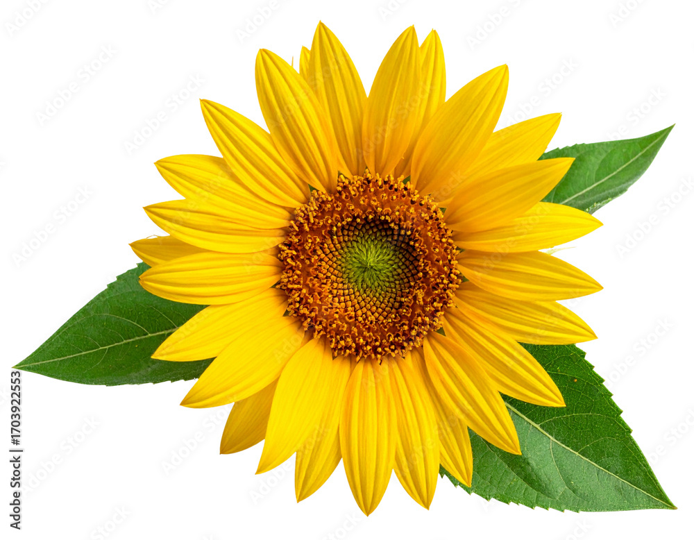 Fototapeta premium Bright Yellow Sunflower Bloom with Detailed Leaves Isolated on Transparent Background PNG