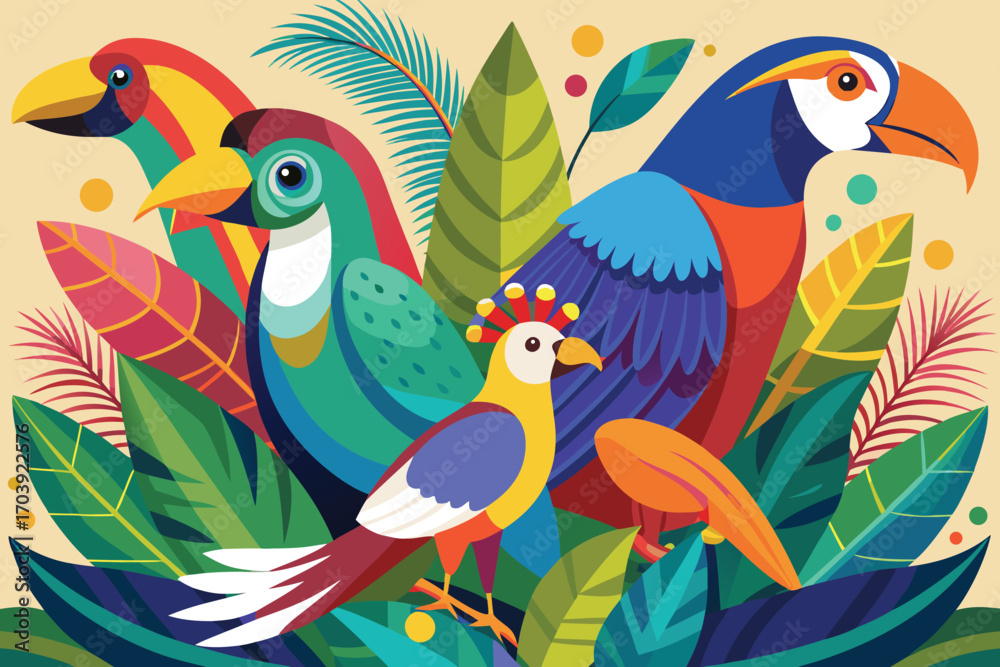 Obraz premium Vector art of colorful illustration of tropical birds with vibrant plumage and exotic foliage in a lush jungle setting