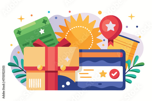 Illustration of loyalty program benefits with gift box, credit card, and rewards