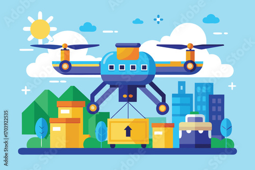 Illustration of a drone delivering packages in a city with buildings and trees