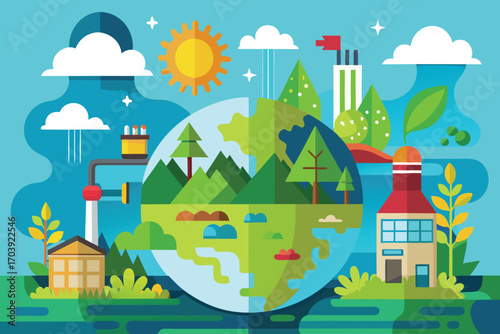 Illustration of a sustainable earth with green landscapes, renewable energy, and environmental conservation concept