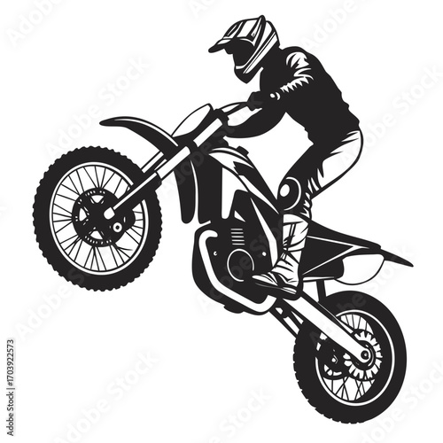 Dynamic silhouette of a motocross rider performing a wheelie on a dirt bike against a white background capturing the thrill of off road racing