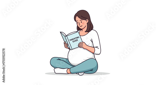 Vector Illustration of Pregnant Person Reading Pregnancy Guide While Sitting Cross-Legged in Comfortable Clothing