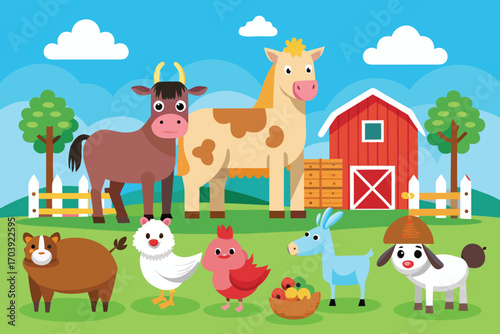 Illustration of farm animals in a rural setting with a barn, fence, and trees