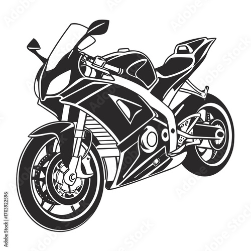 Stylized black and white illustration of a modern sport motorcycle with sharp lines and dynamic angles isolated on a white background