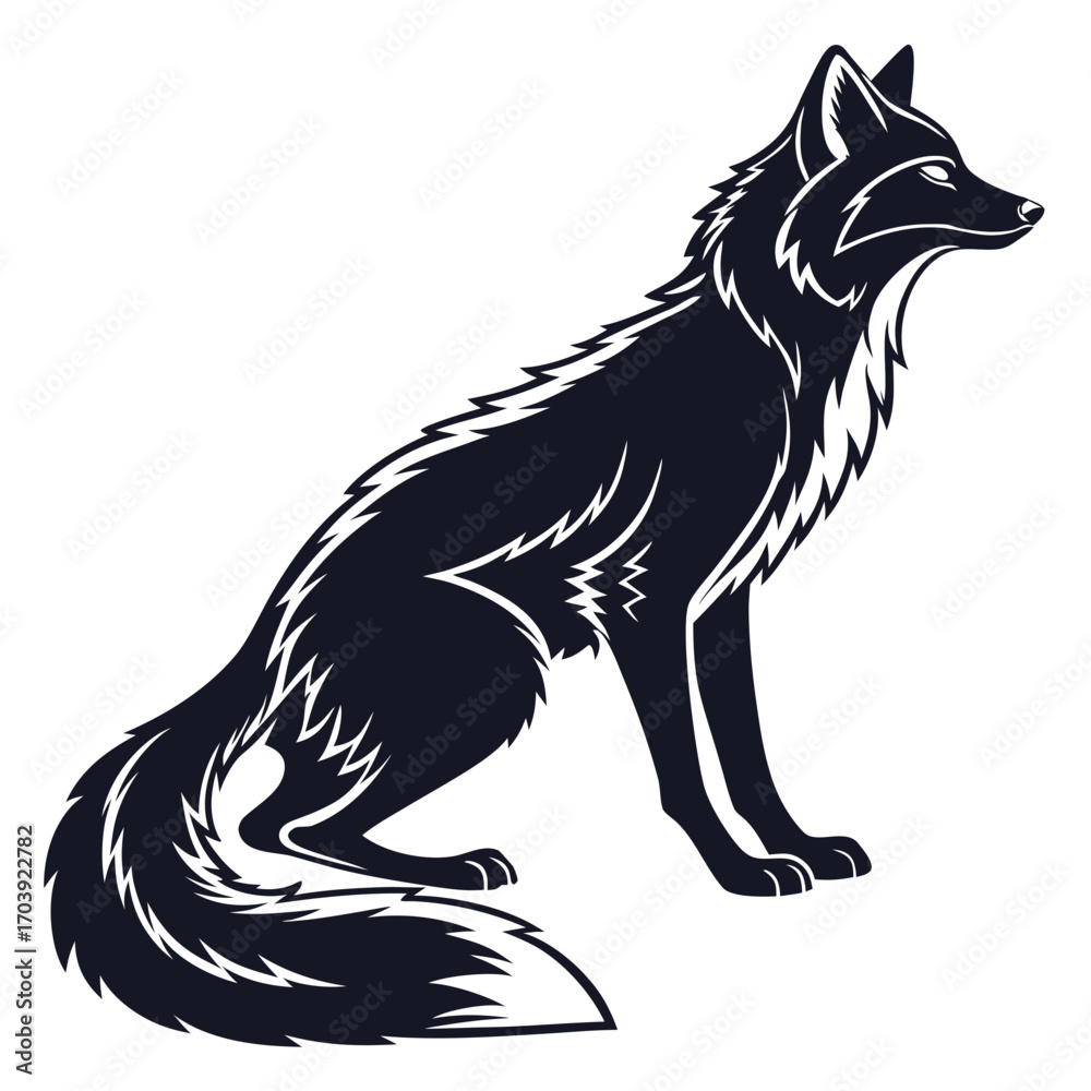 Obraz premium Stylized dark silhouette of a sitting fox with a bushy tail and sharp ears on a white background