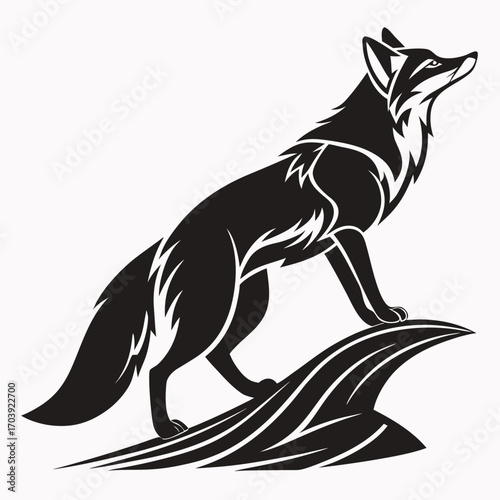 Stylized black silhouette of a cunning fox standing on a rock formation looking upwards with a watchful gaze