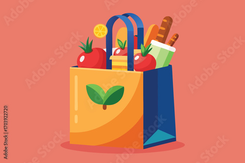 Vector art of a shopping bag full of groceries including tomatoes, bread, and a lemon on a pink background illustration