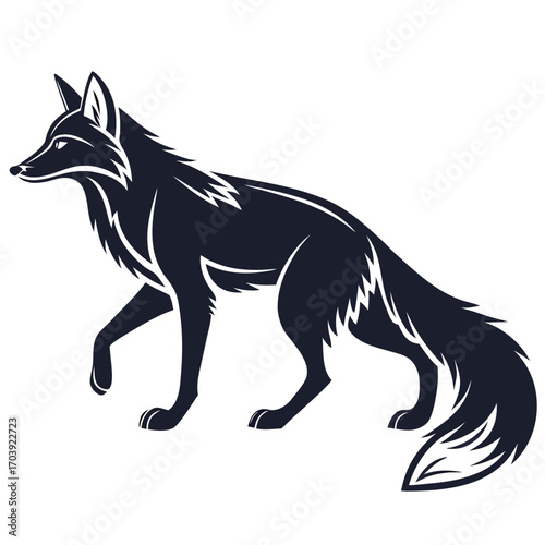 Stylized silhouette of a fox walking with a bushy tail and sharp ears on a white background