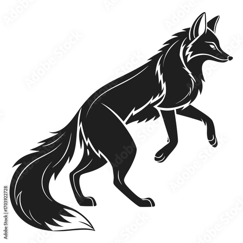 Stylized black silhouette of a fox in a dynamic pose with a bushy tail and sharp ears against a white background