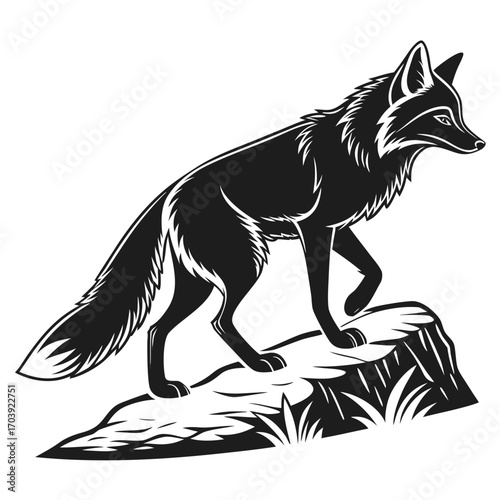 Stylized black silhouette of a fox standing on a rocky outcrop with grass against a white background
