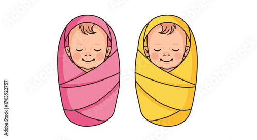 Vector of Twin Babies in  Blankets with Closed Eyes