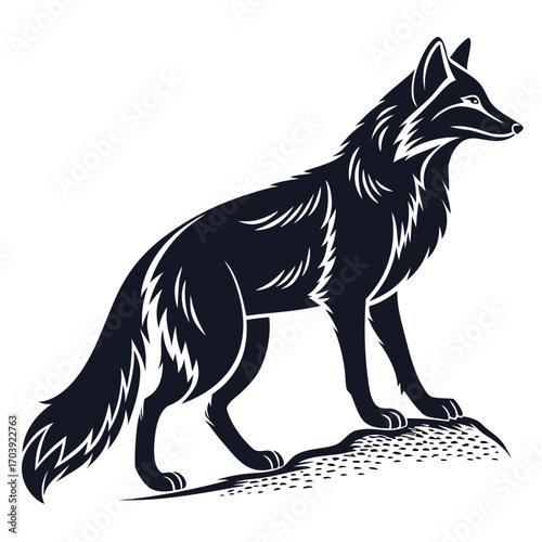 Stylized silhouette of a black wolf standing on a rocky outcrop against a white background depicted with sharp lines and a sense of alertness