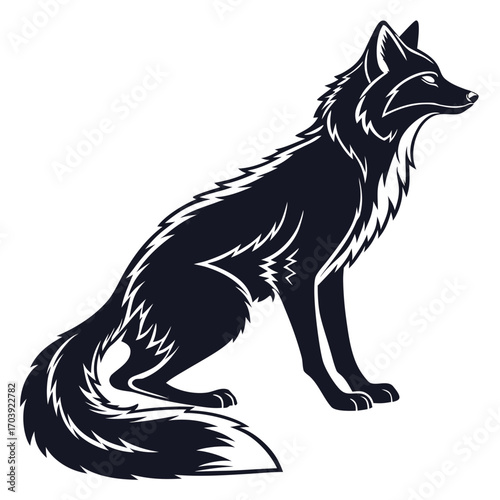 Stylized dark silhouette of a sitting fox with a bushy tail and sharp ears on a white background