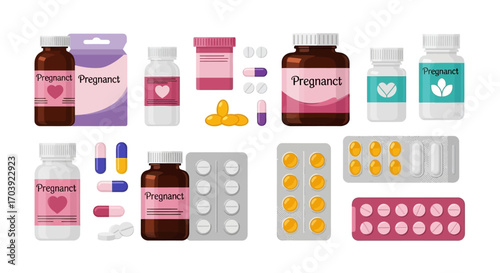 Vector Illustration of Pregnancy Medication and Supplement Bottles with Capsules, Tablets, and Blister Packs