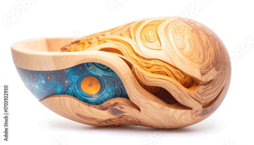 Abstract Wooden Sculpture with Blue Galaxy Resin and Planet Design – Unique Modern Art Piece