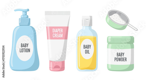 Vector of Baby Lotion, Diaper Cream, Baby Oil, and Powder Bottles for Infant Skincare