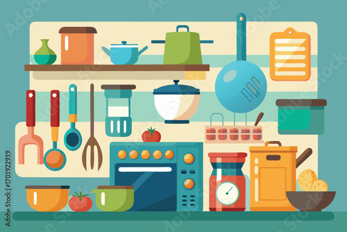 Vector art of kitchen utensils and cooking tools on the shelf with a stove and other equipment in the background