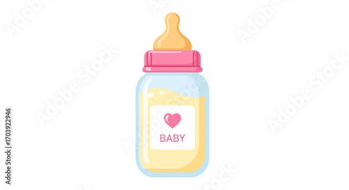 Vector of Baby Bottle with  Heart Label, and Milk Inside on White Background