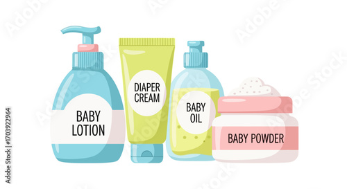 Vector of Baby Lotion, Diaper Cream, Baby Oil, and Powder Bottles for Infant Skincare