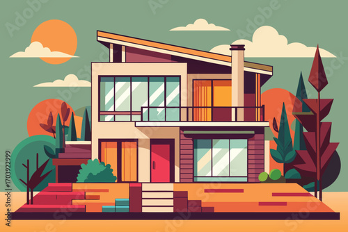 Illustration of a modern house with a flat roof, surrounded by trees and plants in a minimalist style