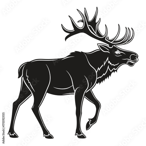 Majestic black silhouette of a large bull moose with impressive antlers walking confidently against a white background