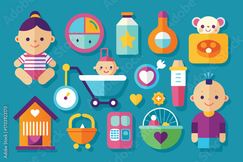 Vector art of a charming vector illustration showcasing an array of baby essentials and adorable baby characters in a playful design