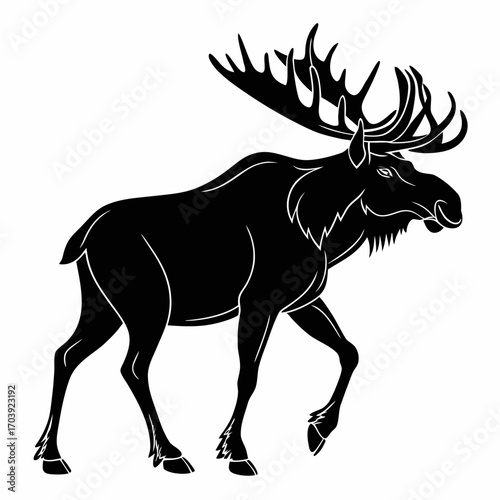 Majestic black silhouette of a large bull moose with impressive antlers walking confidently against a clean white background