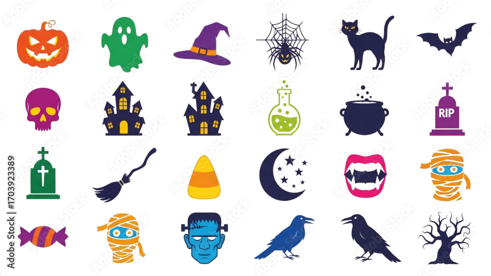 Fototapeta premium Set of Fun and Colorful Halloween Icons, Silhouette Pumpkins, Skeletons, Ghosts, and Spooky Symbols on White Background, Vector Illustration Pack for Party and Holiday