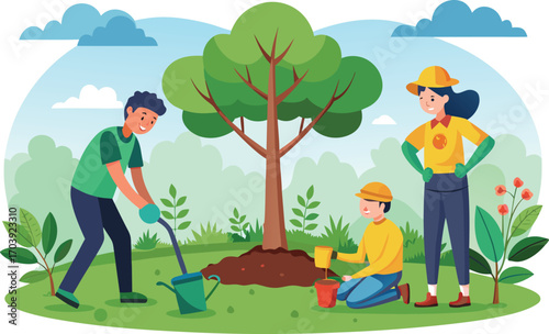 Vector art of a group of people planting a tree in a vibrant outdoor setting on a sunny day