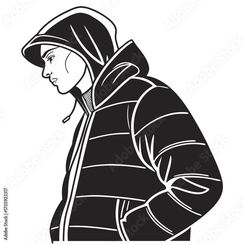 Stylized black and white illustration of a person wearing a hooded puffer jacket looking down thoughtfully