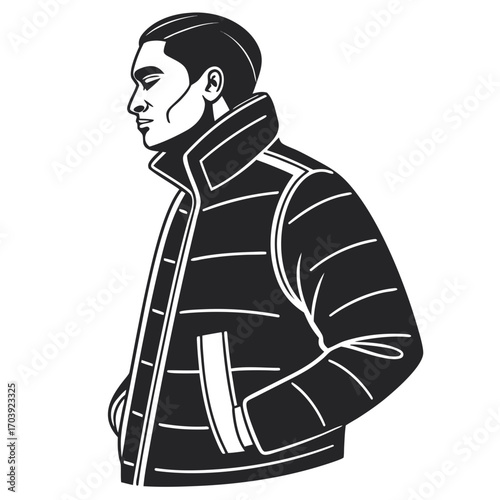 Stylized black and white illustration of a man wearing a puffer vest with his hands in his pockets looking to the side in profile