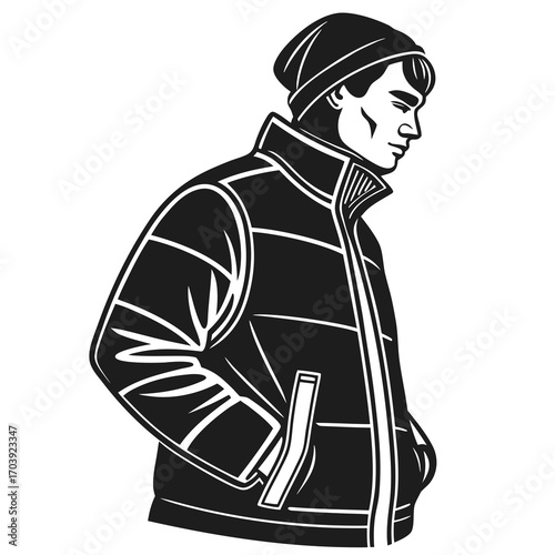 Stylized black and white illustration of a young man wearing a beanie and a puffer jacket with his hands in his pockets looking down