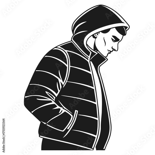 Stylized black and white illustration of a young man wearing a hooded puffer jacket with hands in pockets looking down