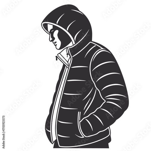 Stylized monochrome illustration of a person wearing a hooded puffer jacket with hands in pockets looking down