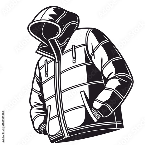 Stylized black and white illustration of a puffy hooded winter jacket with hands in pockets