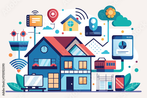 Vector art of smart home technology concept showing connected devices and automation system for modern living space design