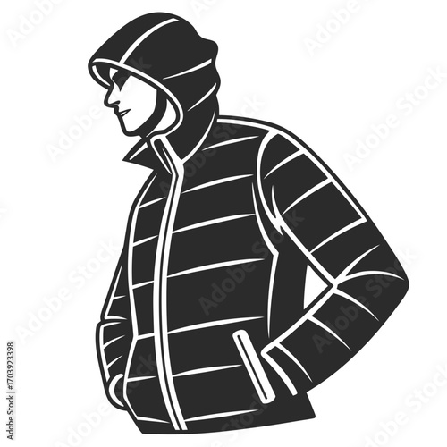 Stylized silhouette of a person wearing a hooded puffer jacket with hands in pockets isolated on white background