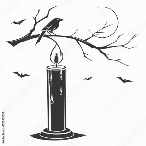 A solitary black bird perches on a bare tree branch above a melting candle with bats flying around under a large circular moon