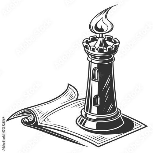 A stylized black and white illustration of a castle tower candle with a flame on top standing on an unfurled scroll
