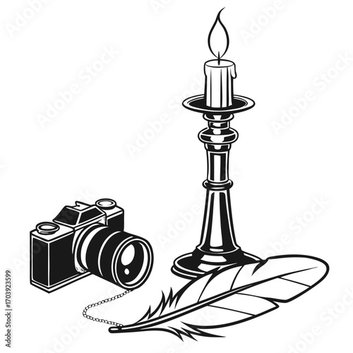 A vintage camera and a lit candle with a quill pen represent the evolution of storytelling and visual documentation through time