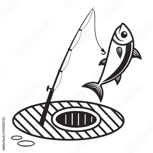Stylized black and white illustration of a fish caught on a fishing rod above a grill with two small circles representing water droplets or bubbles