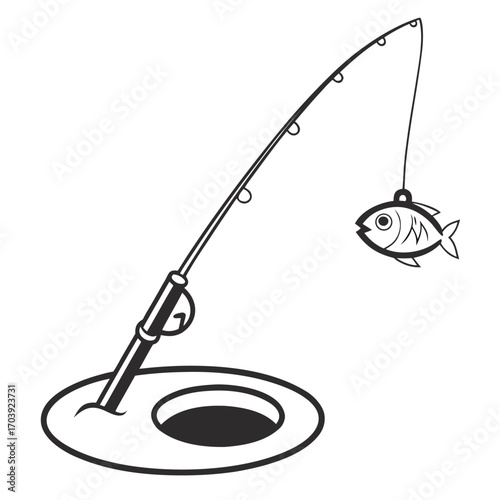A simple black and white illustration of an ice fishing rod with a fish dangling from the line over a hole in the ice