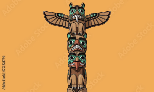 A detailed illustration of a totem pole with multiple animal carvings against a solid orange background