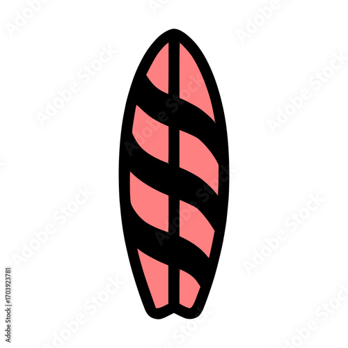 Vibrant coral surfboard design with bold black stripes, perfect for summer adventures and beach vibes