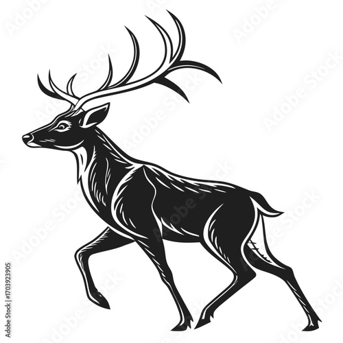 Wallpaper Mural Majestic black stag with large antlers in a dynamic pose on a white background symbolizing nature and wildlife Torontodigital.ca